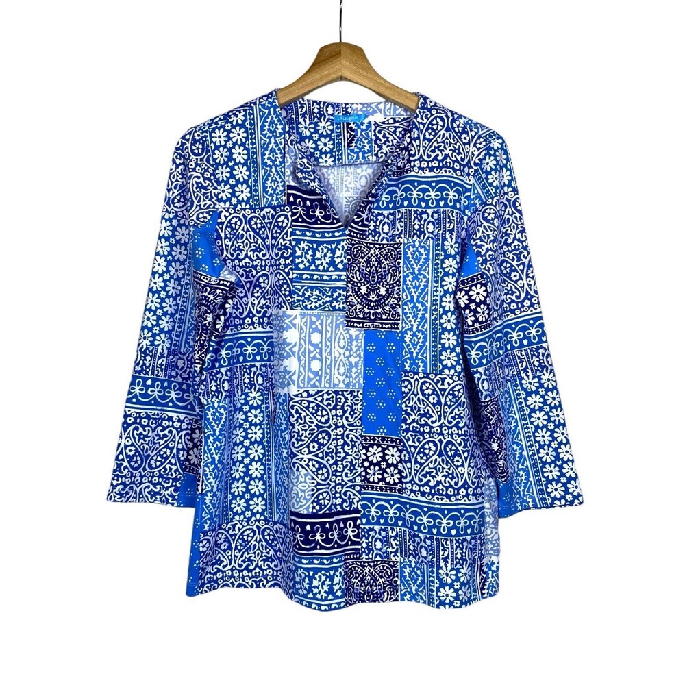 J. Mclaughlin Catalina Cloth Top Sz L Floral Paisley Patchwork Blue 3/4‎ Sleeve